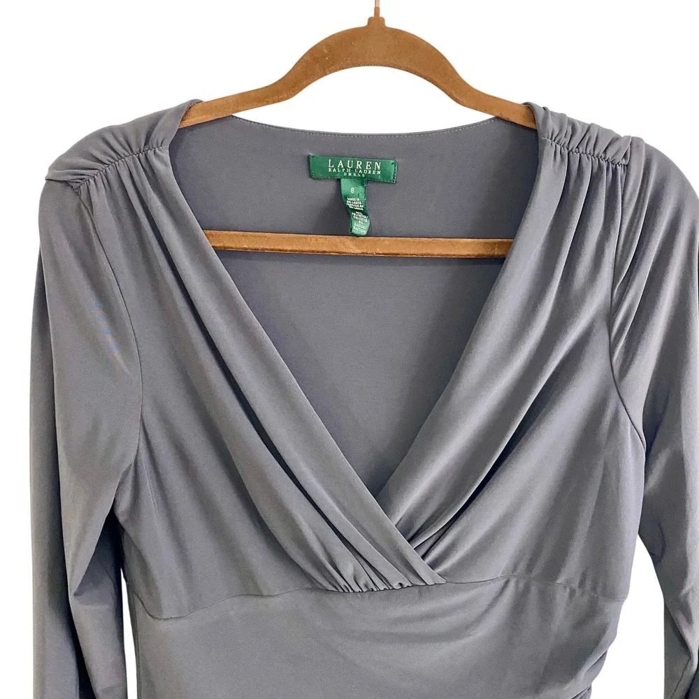 Lauren Ralph Lauren Gray Ruched‎ Faux Wrap Sheath Dress Size 8 3/4 Sleeve
